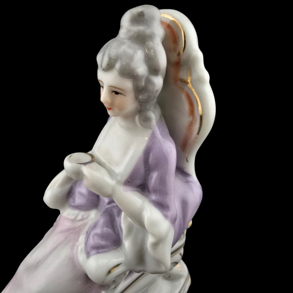 Vintage Porcelain Figurine Victorian Lady In Chair With Tea Cup Feet Up  Japan - Picture 3 of 11
